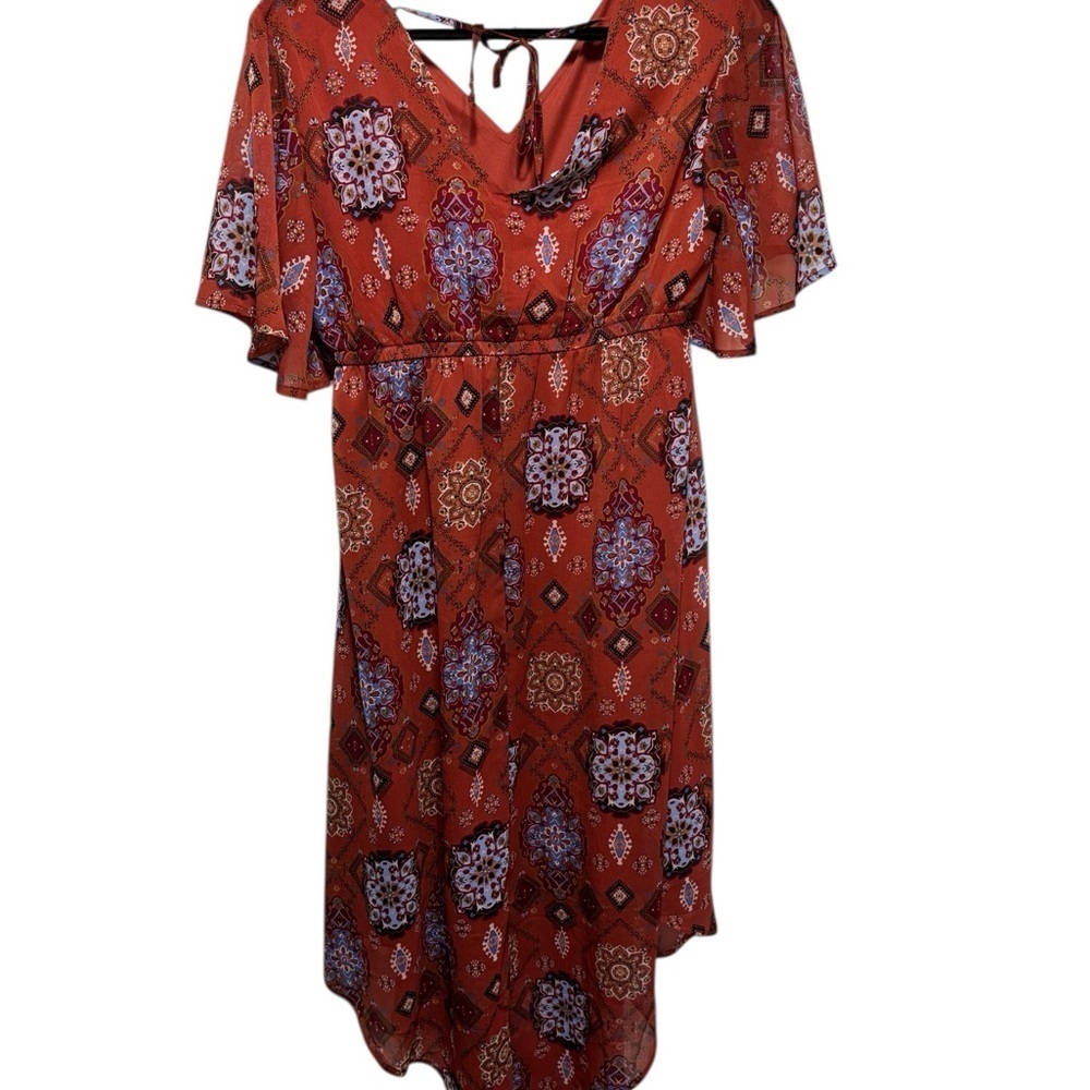 Maurice’s Medallion  Bohemian Rust High Low Patterned Midi Dress size Medium - Picture 5 of 16